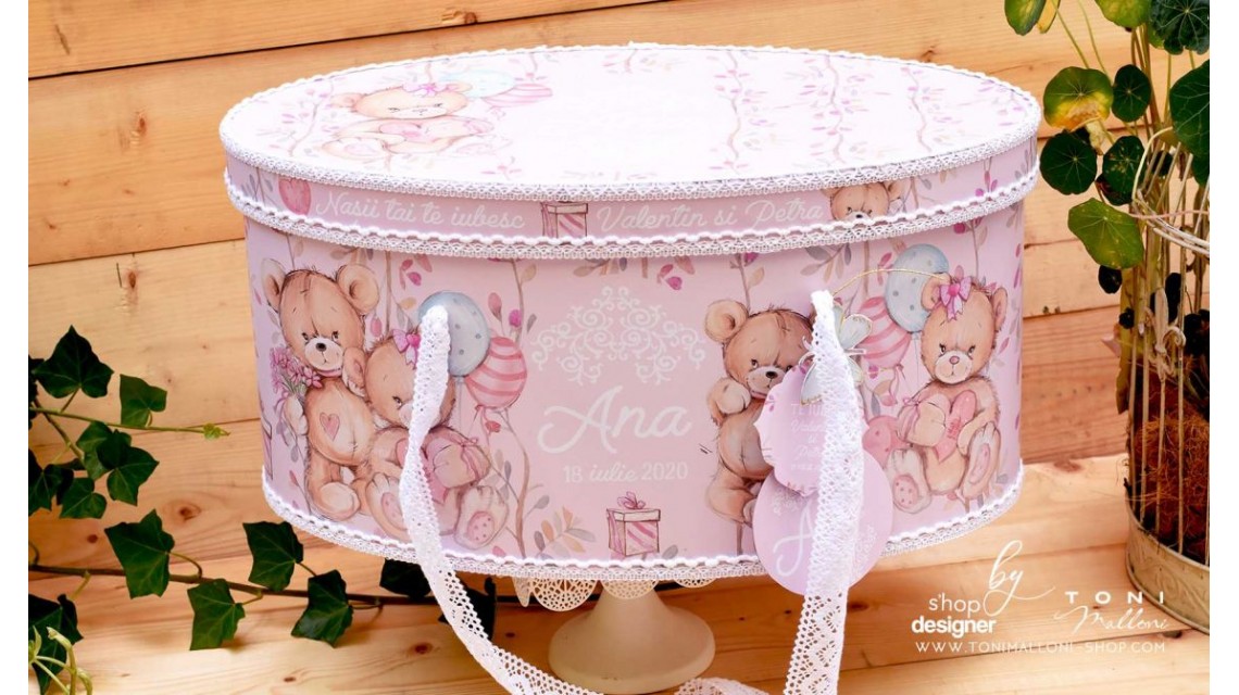 Trusou botez cu ursuleti roz si broderie personalizata Teddy Bear Pink 11